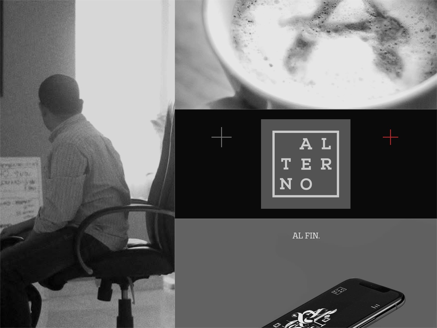 Black-and-white editorial collage featuring archival photos from Alterno: 2012 office, Café con la A, 2014 logo, and 2017 website