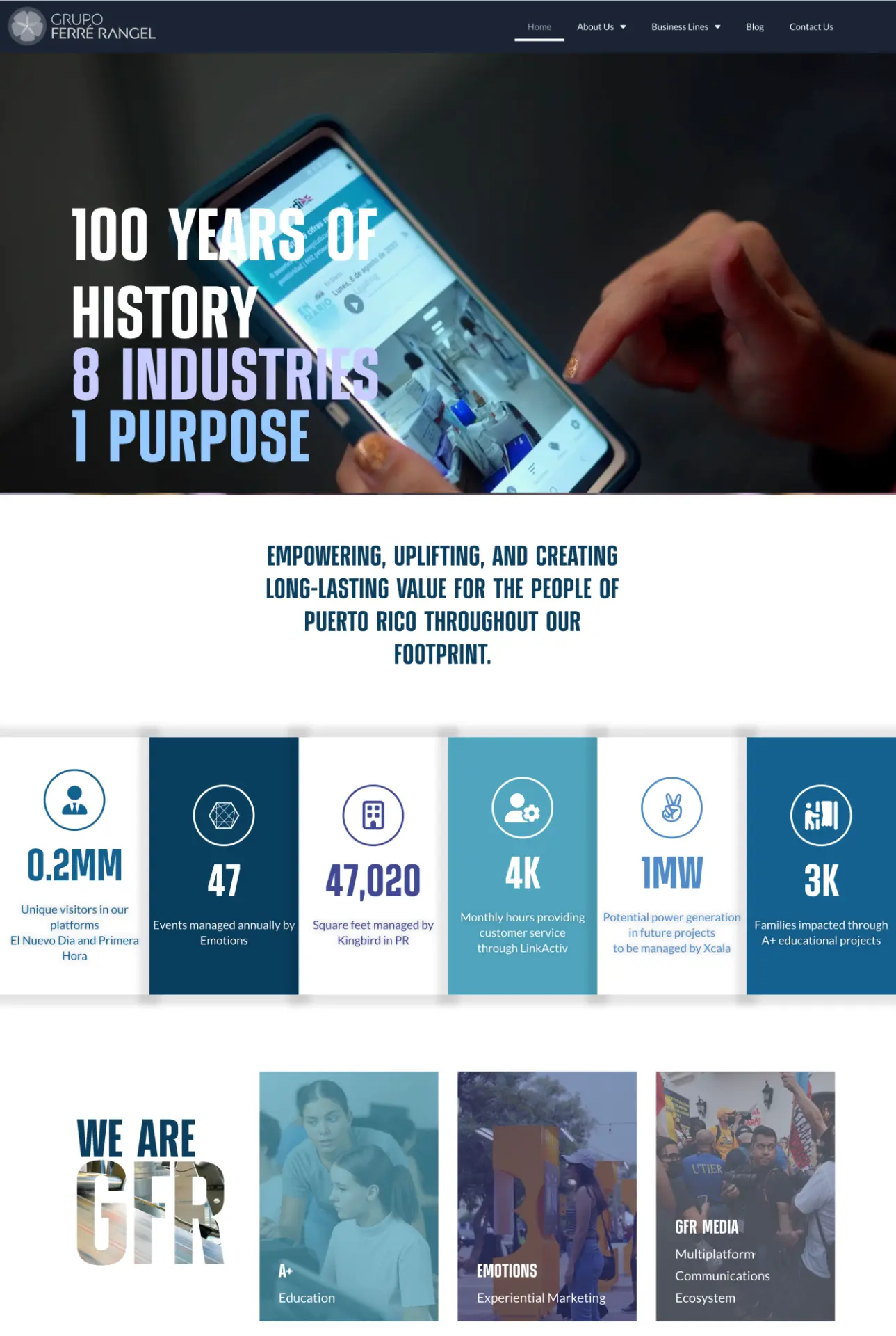 Official website of Grupo Ferré Rangel with the headline “100 Years of History, 8 Industries, 1 Purpose”