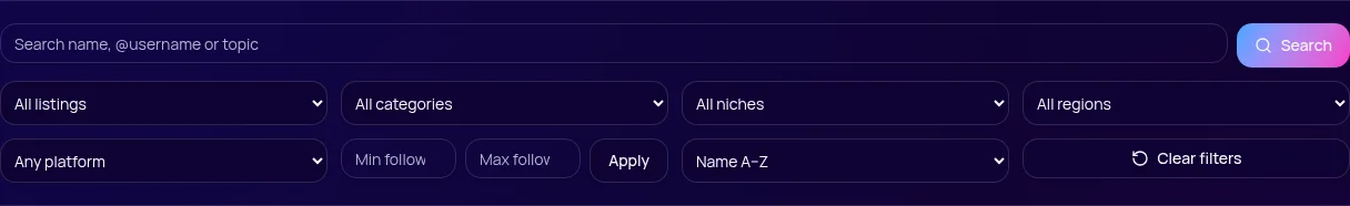 Actual Trendins directory filters