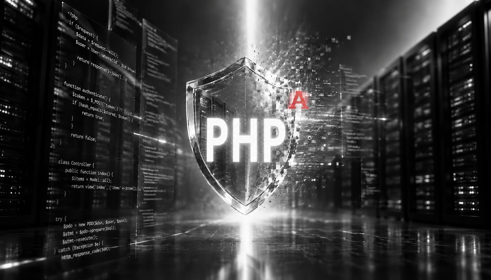 Glass shield with the word PHP in front of servers and code, with the red Alterno icon