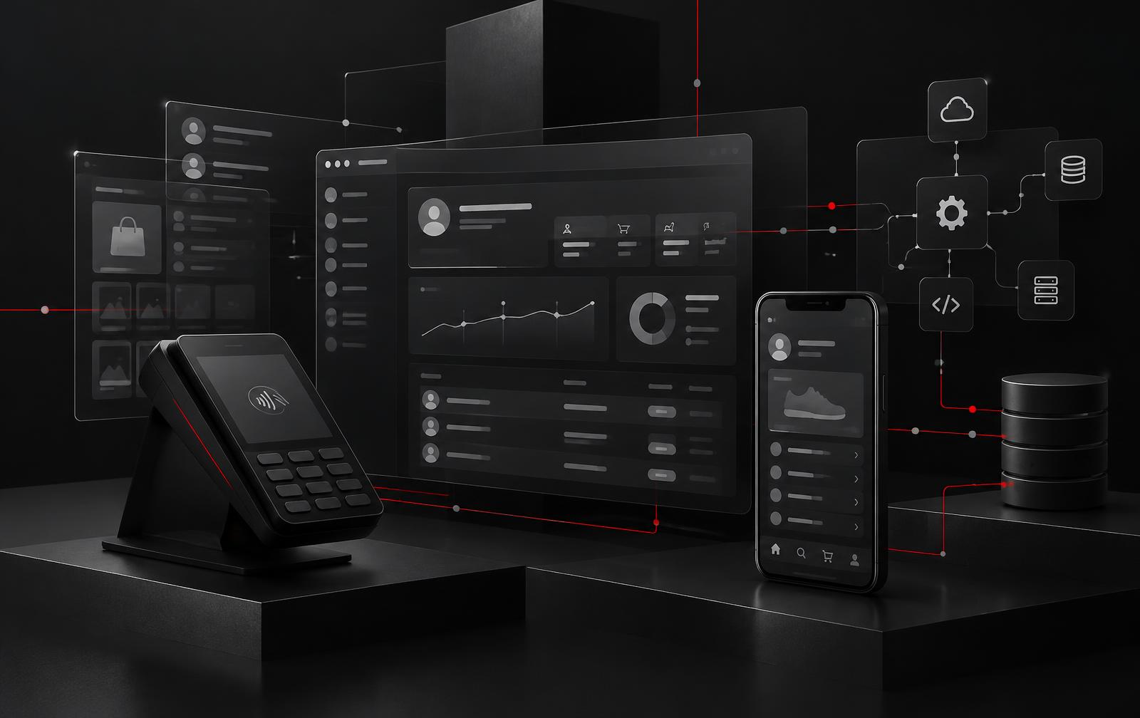 Custom platform, CRM dashboard, POS terminal and mobile app connected by integrations